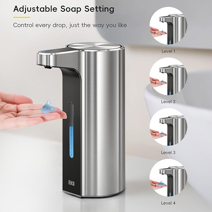 EKO Aroma Pro 13.5 fl oz Touchless Automatic Liquid Soap Dispenser, Rechargeable Hand & Dish Soap Dispenser for Bathroom and Kitchen Sink, Waterproof, Adjustable Volume Control (Stainless Steel)