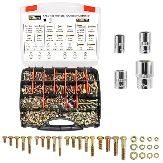 1000PCS Grade 8 Bolt Assortment Kit, Heavy Duty Bolts and Nuts Kit, 1/4-20 5/16-18 3/8-16 1/2-13 SAE Grade 8 Alloy Steel Hex Cap Screws Nuts Washers, Comes with 4 Bits（Yellow Zinc Plated）