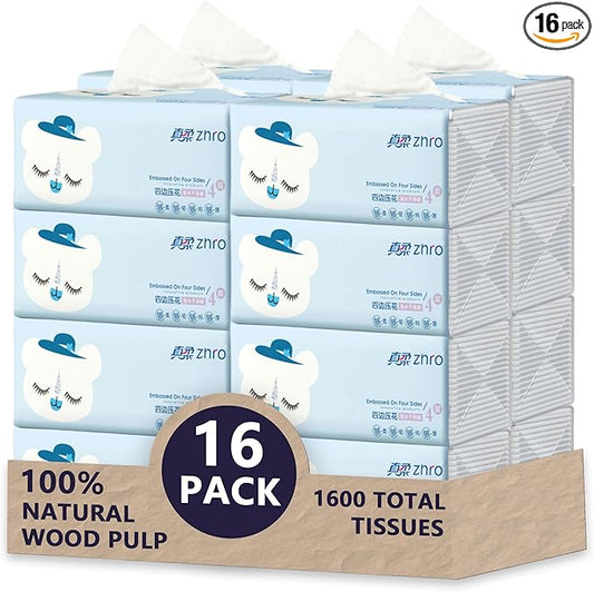 Zhro 4-Ply Facial Tissues, 16 Soft Packs (5.6 x 3.6 x 2.7 in per pack) - 1600 Sheets Total, Compact for Desk, Car & Bag, Hypoallergenic, Lint-Free