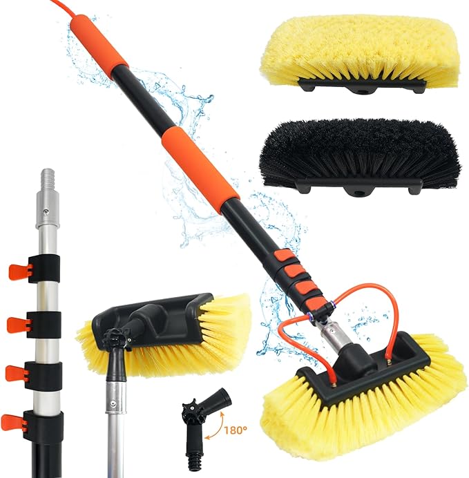 12FT Car Wash Brush with Long Handle Water Fed Telescopic Pole Car Cleaning Tool with 12" Soft Bristle and Hard Bristle Wash Equipment Kit for Car Truck House Glass Roof Solar Panels