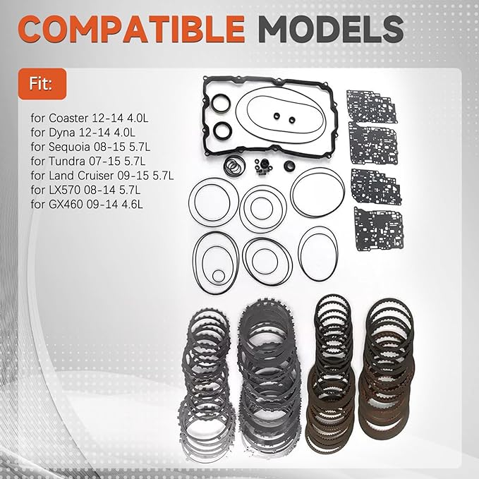 AB60E AB60F Transmission Master Rebuild Kit w/Friction Plate Steel Plates Fits 2007-2011 for Toyota Sequoia Tundra 2007-2011 5.7L V8 Includes Friction Plates Clutch Kits Gaskets Seals