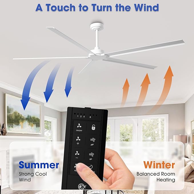 White Ceiling Fan No Light, 72 Inch Waterproof Outdoor Ceiling Fans for Patios, Remote Control, Industrial Ceiling Fans Without Lights, 6-Speed Reversible DC Motor, 5 Aluminum Blades, Timer