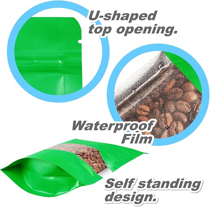 150 Pack Stand up Matte Metallic Storage Bags with Clear Front Window Heat-Sealable Resealable Solid Color Pouches for Food Storage Containers Organizer(Green,3.9 * 5.9 inch,Pack of 150)