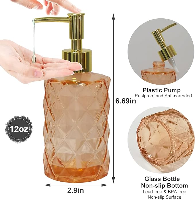 Glass Soap Dispenser with Gold Plastic Pump, 12oz Refillable Liquid Hand Soap Dispenser, Crystal Lotion Bottle for Modern Home Decor, Bathroom, Kitchen Countertop, Hotel(Amber)