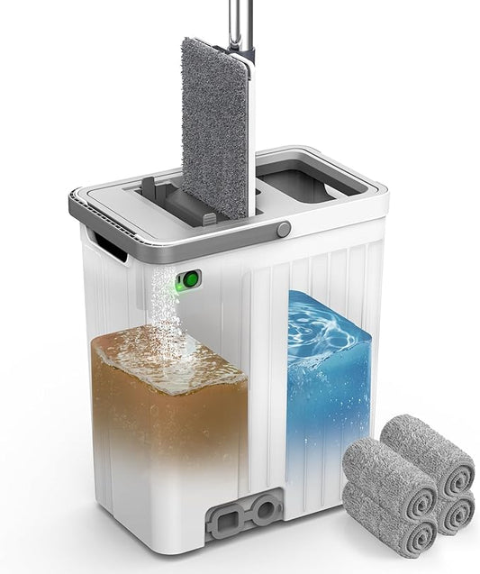 Mop and Bucket Set with AUTO Pump, 3-Zone Separate Dirty and Clean Water, Flat Mop and Bucket System with Wringer and Wheels, 4 Reusable Microfiber Pads, One-Touch Water Filling for Home Cleaning