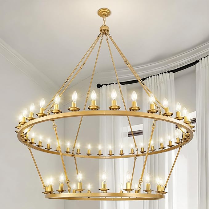 Wagon Wheel Chandelier, 2-Tier 54-Light Gold Extra Large Modern Rustic Farmhouse Chandelier Adjustable Height Light for High Ceiling Living Room, Entryways, Foyer, Dining Room