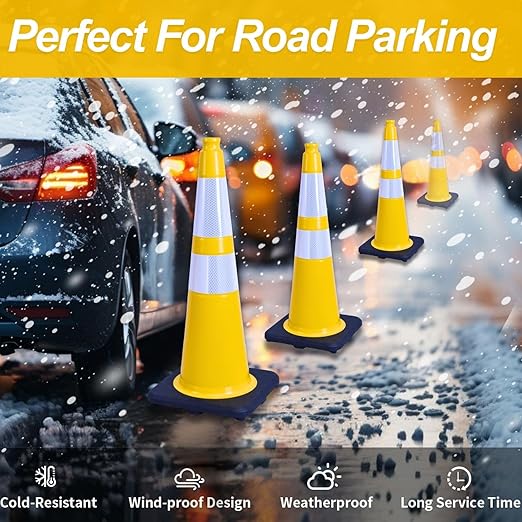BESEA 4PACK 28 inch Traffic Safety Cones Yellow Road Parking Cones 28" Heavy Duty Construction Cone Structurally Stable for Traffic Control at Public Place(4PCS)