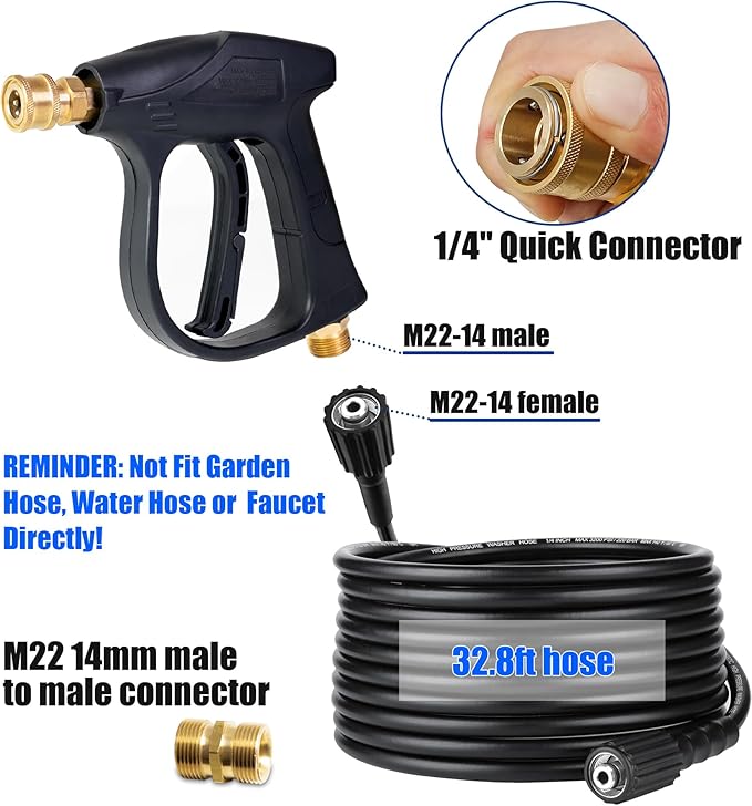 Pressure Washer Gun and Foam Cannon with Dual Connector Accessories for Pressure Washer, Attachment Include 5 Spray Nozzle Tips, Pressure Washer Hose and M22-14 Male to Male Fittings