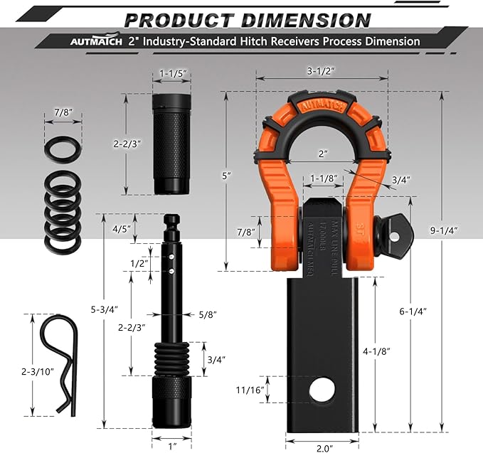 AUTMATCH Shackle Hitch Receiver 2" with 3/4" Mega D Ring Shackle and 5/8" Trailer Hitch Lock Pin, 68,000 Lbs Break Strength Heavy Duty Receiver Towing Kit for Off-Road Vehicle Recovery, Orange & Black