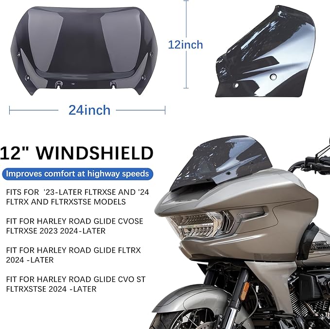 12" Wave Windshield Windscreen Compatible for Harley Road Glide CVO/SE FLTRXSE 2023 2024 FLTRX 2024 CVO ST FLTRXSTSE 2024 for 2023 2024 Road Glide Accessories, Smoke