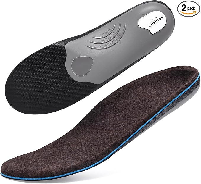 VALSOLE 250+lbs Winter Thermal Wool Insoles for Men Women,Plantar Fasciitis Orthotics Insert,for Flat Feet,High Arch,Foot Pain,Standing All Day Boot Work Shoe Warm Insoles(253mm)