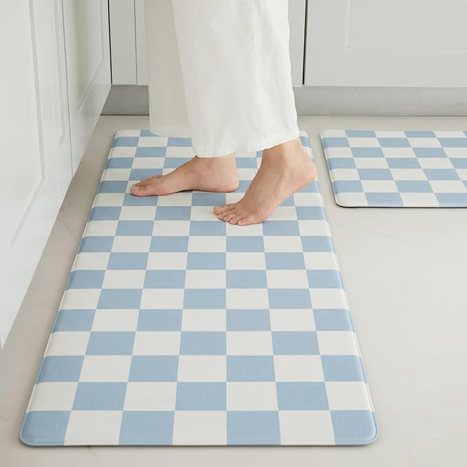 Blue Checkered Kitchen Mats for Floor Set of 2, 2 Pcs Cushioned Non Slip Runner Rugs for Kitchen/Sink/Laundry, Comfort Aesthetic Cute Anti-Fatigue Foam Floor Mat 17.3"x29.5"+17.3"x47.2"
