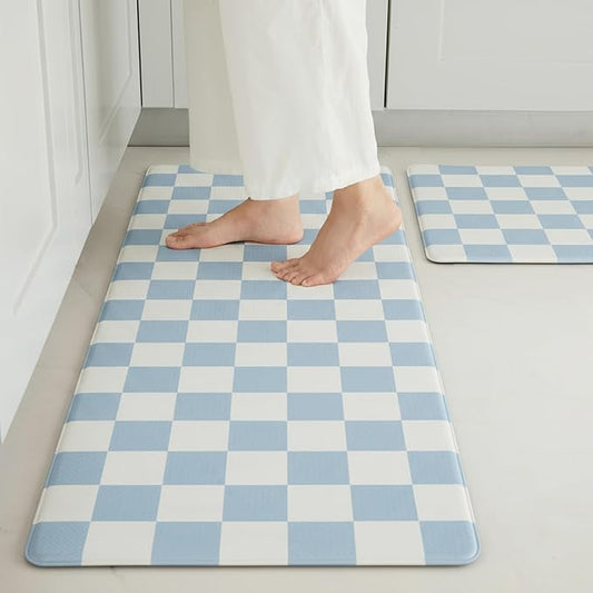 Blue Checkered Kitchen Mats for Floor Set of 2, 2 Pcs Cushioned Non Slip Runner Rugs for Kitchen/Sink/Laundry, Comfort Aesthetic Cute Anti-Fatigue Foam Floor Mat 17.3"x29.5"+17.3"x47.2"