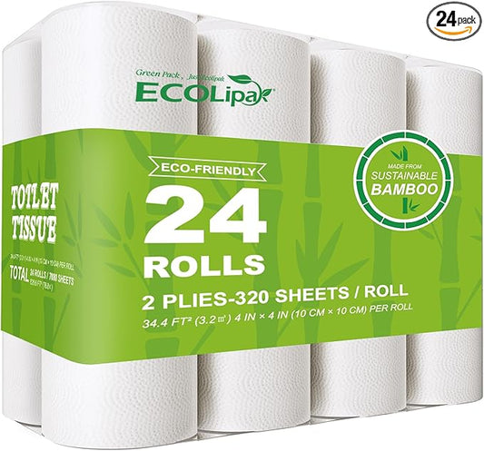 ECOLipak Bamboo Toilet Paper, Septic Safe Toilet Tissue, 24 Double Rolls, 320 Sheets Per Roll, Tree Free, Non Toxic, 2 Ply, Soft and Absorbent, Eco Friendly Dye-Free Paper