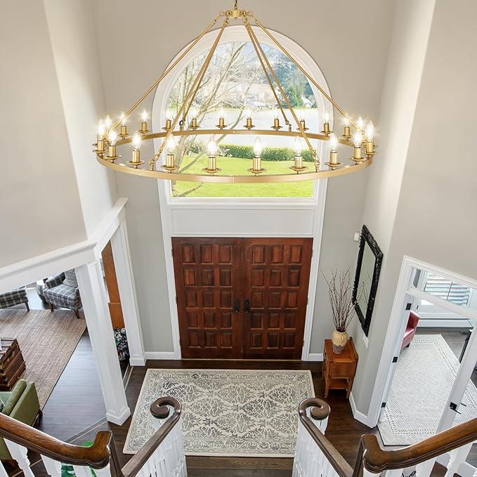 Wagon Wheel Chandeliers, 24-Light Gold Modern Rustic Large Farmhouse Chandelier Adjustable Height Light for High Ceiling Living Room, Entryways, Foyer, Dining Room, Kitchen