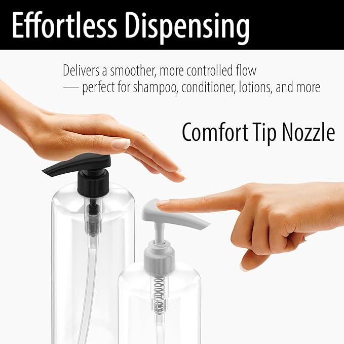 Shampoo & Conditioner Pumps for 1 L / 33.8 oz Bottles | Fits 1″ Neck | Replacement Dispenser Pump Top for Soap, Lotion & Body Wash (4-Pack White + Black (Dosa))