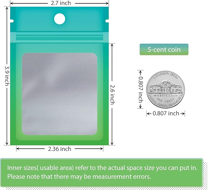 Funfery 100 Pack Smell Proof Resealable Bags for Food Storage,Cute Mylar Clear Bags for Small Business Foil Pouch Zipper Packaging Bag for Sample Jewelry Eyelash Gloss(Blue Green,2.7X3.9in)