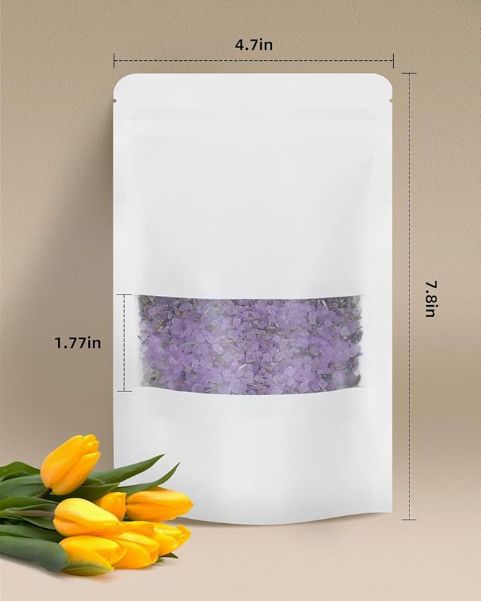 50pcs Kraft Bags with Window 4.7x7.8 Inches White Reusable Sealable Zip Lock Food Storage Stand up Paper Pouches for Home or Business
