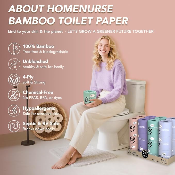 Home Nurse - Bamboo Toilet Paper, 4-ply 24 Rolls | Strong & Soft, Organic Natural Plant Based, Unbleached & Non Toxic, Tree Free Eco Friendly, Chemical Free, No Dust