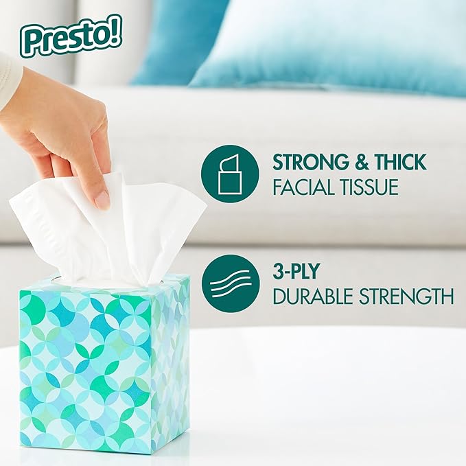 Amazon Brand - Presto! Ultra-Soft 3-Ply Premium Facial Tissues, 1188 Count (18 Packs of 66), (Packaging May Vary)
