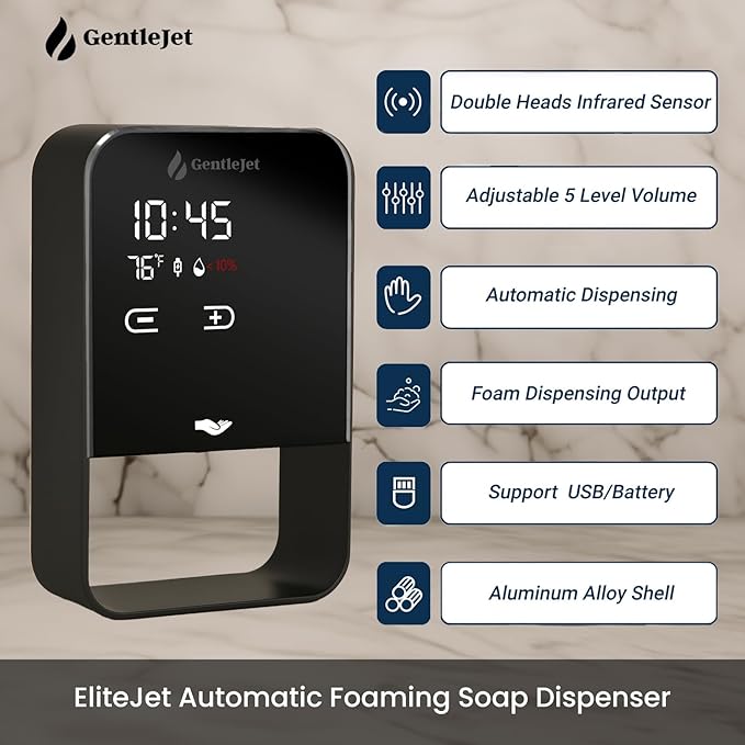 EliteJet Automatic Foaming Soap Dispenser Touchless - Wall Mount & Countertop, Aluminum Alloy Body, Automatic Soap Dispenser Touchless with Dual Power (USB/Battery), LED Display
