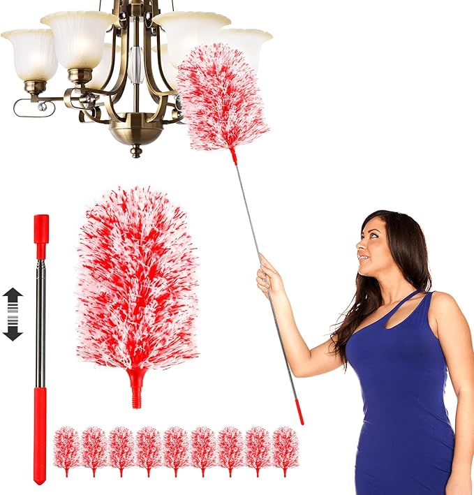 20-49inches Extendable Microfiber Feather Duster with 10pcs Replaceable Heads, Extra Long Bendable Duster for Cleaning, Electrostatic Dust Remove for Furniture, Ceiling, Window,etc (Red)