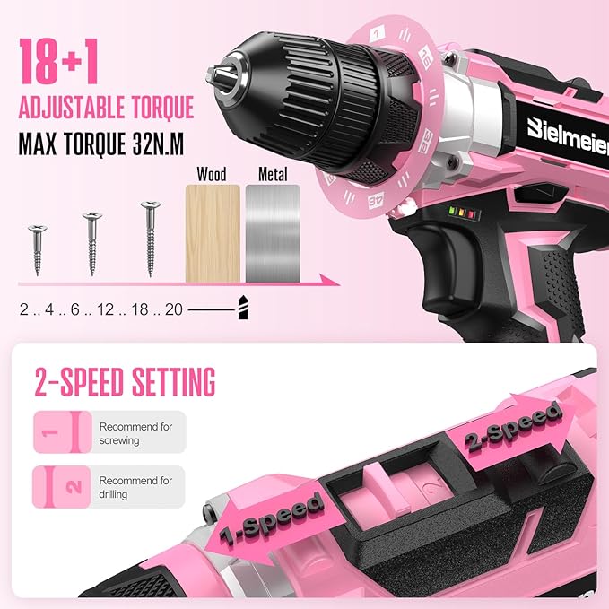 Bielmeier 20V 236Pcs Cordless Pink Drill Set for Women, Lady’s Essential Home Tool Kit with Pink Bag, Perfect DIY Electric Screwdriver Set for Home Repair & Gifts