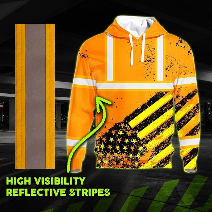 Color US Flag High Visibility Hoodie for Men Women Reflective Tapes Safety Workwear for Worker Runner Patriotic