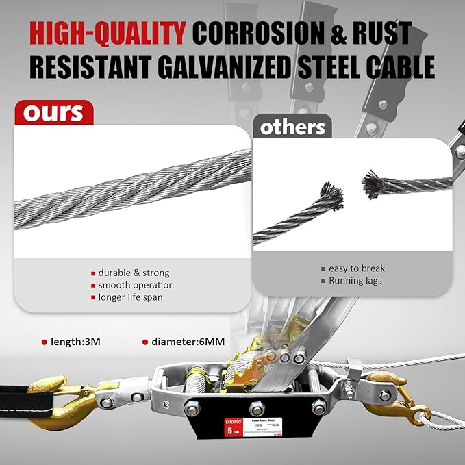 Come Along Winch 5-Ton 9.84FT Steel Cable & 3 Hooks Dual Gear with Two 1"x8FT Lifting Sling Heavy Duty Ratchet Power Puller Tool for Vehicle Rescue
