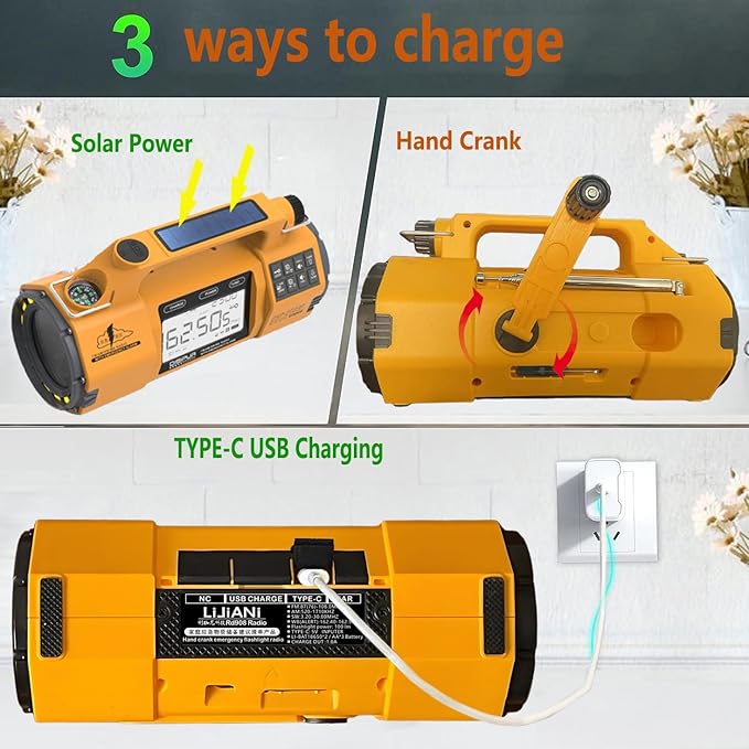 Emergency FM/AM/SW Weather Radio, Big Flashlight/Speaker,Type-C,Sleep Timer Alarm Clock, Solar Hand Crank Charge, 5000mAh Replaceable Battery,Cell Phone Charger Hurricane Survival kit