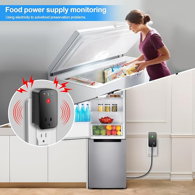 Power Failure Alarm WiFi, 110dB Loud Freezer Smart Power Outage Alarm with LED Indicator, 3 Volume Levels & Voltage Detection, Socket Expansion, App Alerts, for Refrigerator, Sump Pump, Aquarium