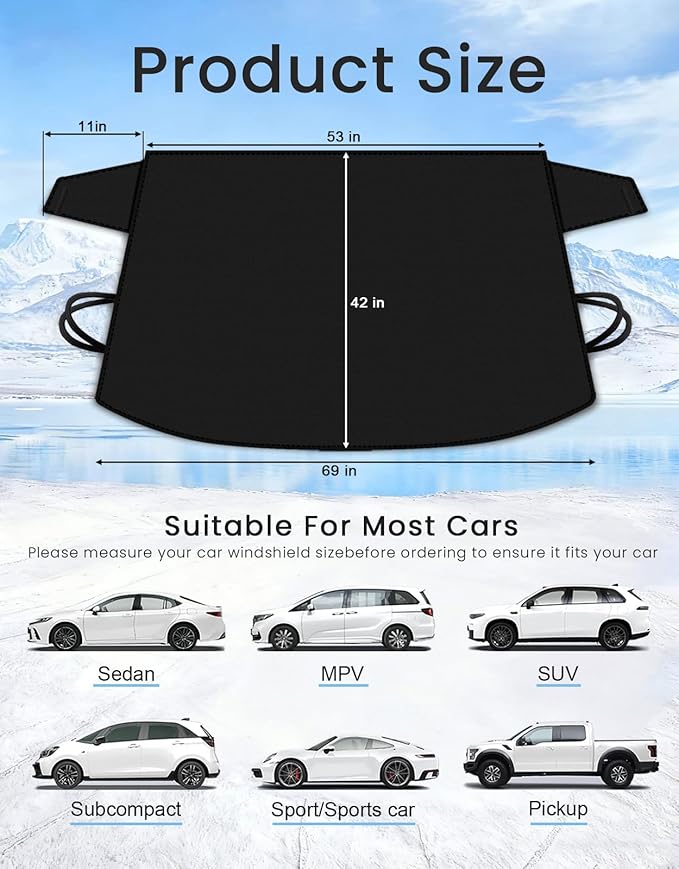 Windshield Cover for Ice and Snow | Heavy Duty 600D Oxford Fabric | Windshield Protector for Cars, SUVs, Trucks | Secure Fit Waterproof Frost Cover | Winter Car Accessories | 69"x42"