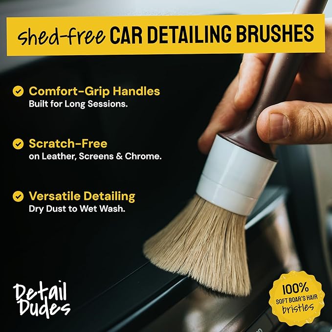 Soft Boar Hair Car Detailing Brush Set - Pack of Three, Brown - Versatile Use for Car Detailing Kit - Soft Bristles Cleaning Brush - Water-Resistant Handles