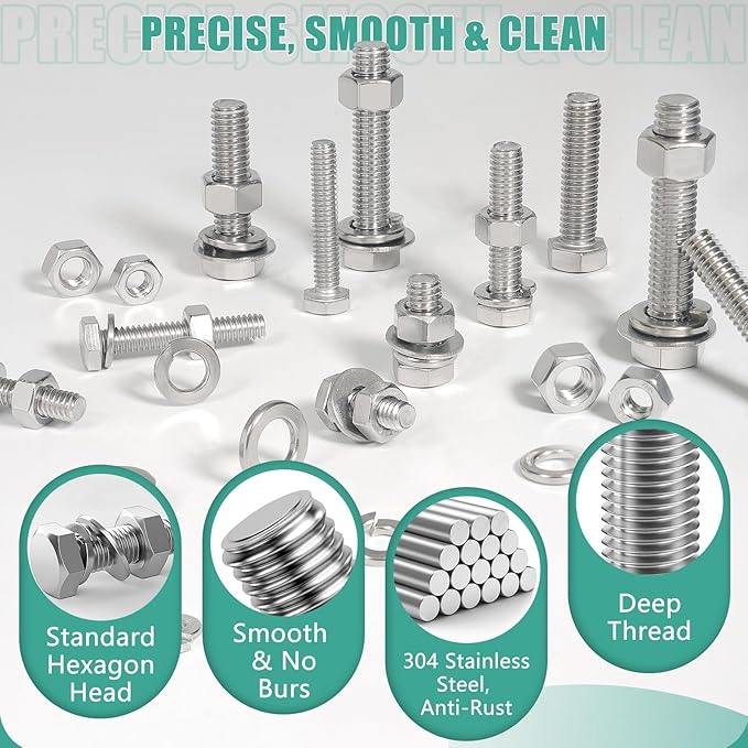 246PCS Heavy Duty Hex Bolts and Nuts Kit, 1/4-20, 5/16-18,3/8-16 Nuts and Bolts Assortment Kit,304 Stainless Steel Bolts and Nuts Kit,Lock and Flat Washers with Storage Box
