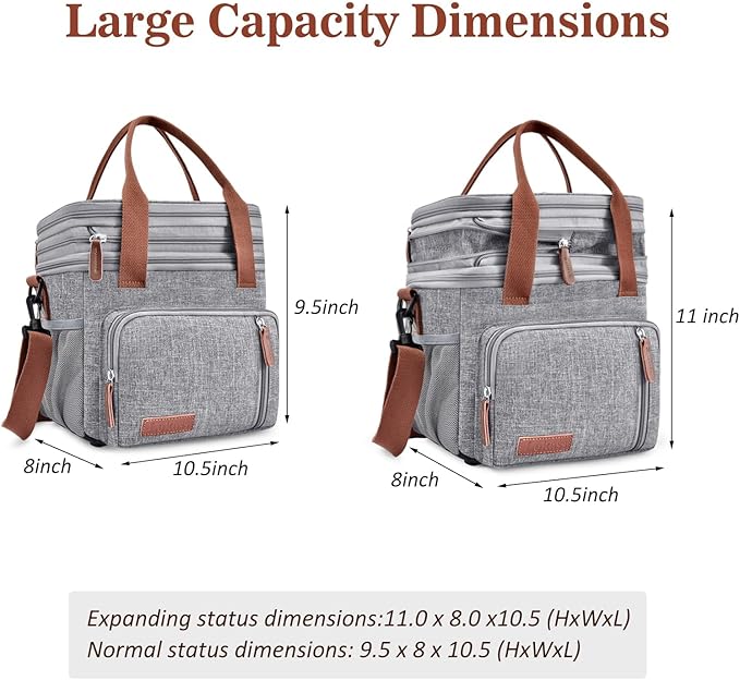 LOKASS Lunch Box & Lunch Bag for Women Men, Expandable Insulated Adult Lunch Box Leakproof Cooler Bag with Adjustable Shoulder Strap, Reusable Womens Lunch Bags for Work Picnic Beach, 16L, Grey