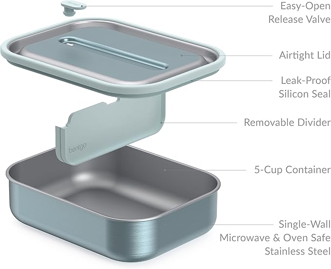 Bentgo MicroSteel Leak-Proof Lunch Box - Microwave-Safe, Oven-Safe, Bento-Style Container with Removable Divider, Airtight Lid, Sustainable Design, Odor & Stain Resistant (Aqua)