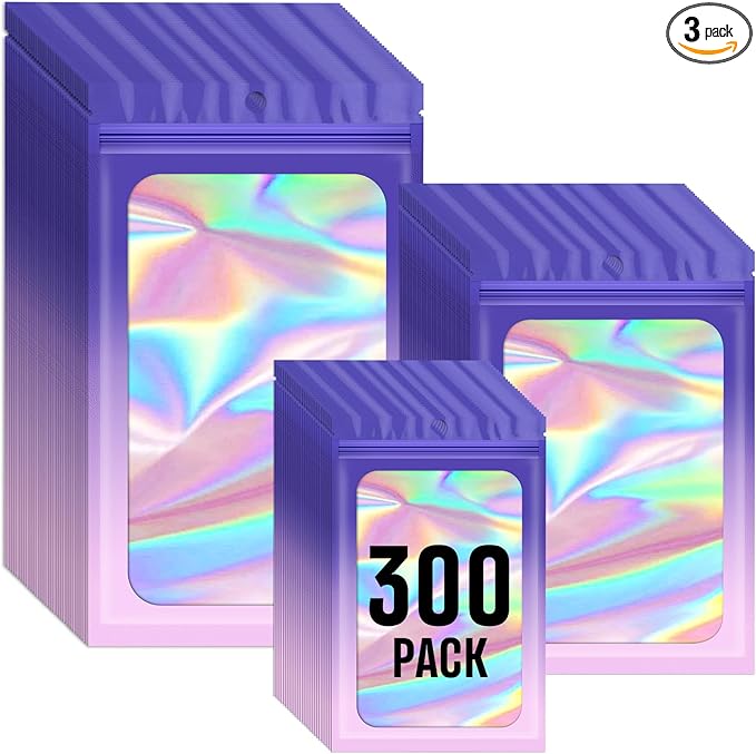 Funfery 300 Pack 3 Size Mylar Holographic Bags with Clear Window,Resealable Bag Smell Proof Foil Baggies Packaging Pouch for Food Storage,Sample,Small Business(Purple Pink,3x4.7,4x6,4.7x7.9in)