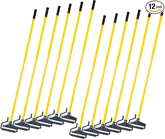 Matthew Easy Trigger Release Mop Handle 60 inch Fiberglass Mop Stick,Commercial Mop Head Replacement Holder for Floor Cleaning,Clip On Mop Handle Quick Change for Wet Mop Handle - 12Pack Yellow