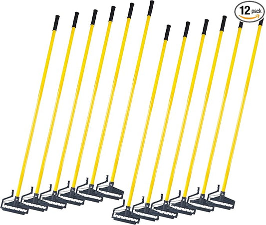 Matthew Easy Trigger Release Mop Handle 60 inch Fiberglass Mop Stick,Commercial Mop Head Replacement Holder for Floor Cleaning,Clip On Mop Handle Quick Change for Wet Mop Handle - 12Pack Yellow