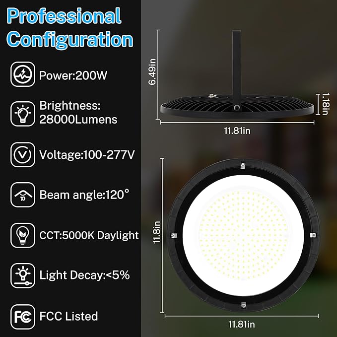 Supber Bright 200W UFO LED High Bay Light, 28000 LM with US Plug 5ft Cable,5000K AC100-277V LED Shop Light for Garage Warehouse Workshop LED Commercial Fixture