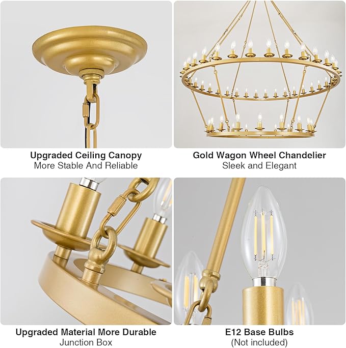 Wagon Wheel Chandelier, 2-Tier 54-Light Gold Extra Large Modern Rustic Farmhouse Chandelier Adjustable Height Light for High Ceiling Living Room, Entryways, Foyer, Dining Room