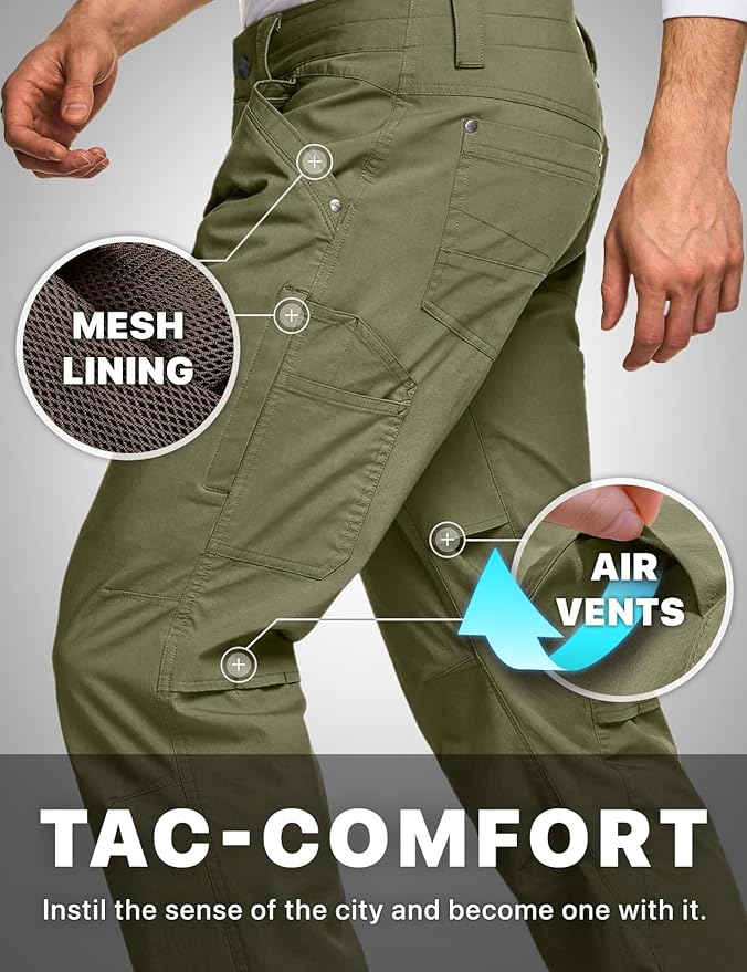 CQR Men's Vent Stretch Pants, Quick Dry Lightweight Casual Cargo Pants, Water Resistant Straight-Fit Utility Work Pants