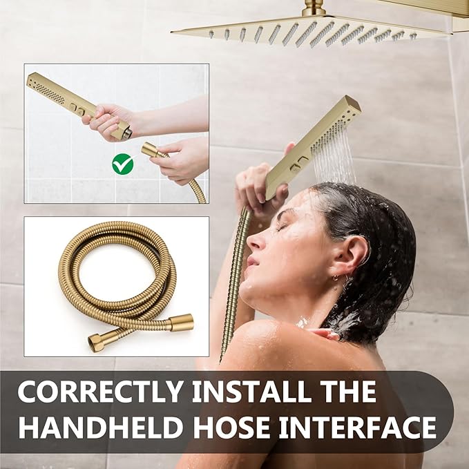 Shower Faucet Set Rainfall Shower System with Square Showerhead and Handle Set Fixture with 2 in 1 Function Handheld Sprayer Wall Mounted Trim Repair Kit Rough-in Valve 12 Inch Brushed Gold