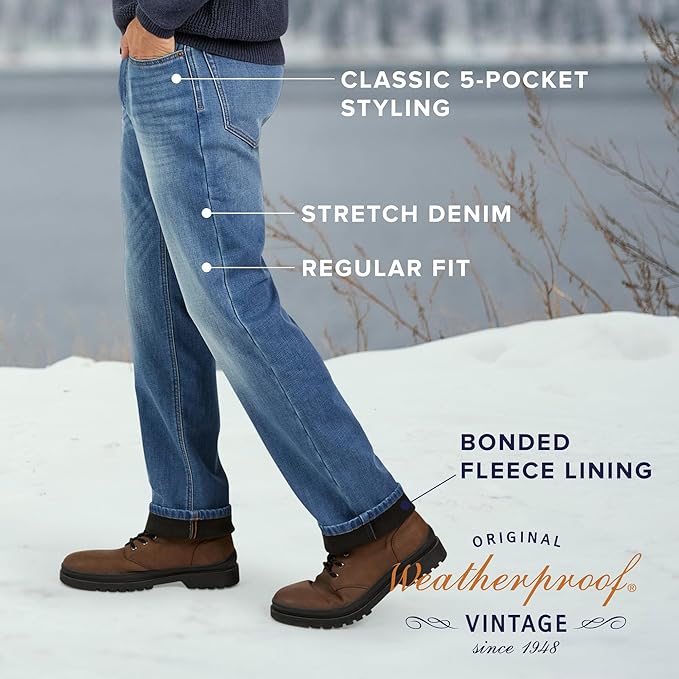 Weatherproof Vintage Fleece Lined Jeans Men - Regular Fit | Soft & Warm, Cold Weather Insulated Fleece Winter Pants for Men