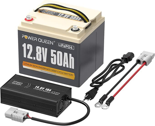 Power Queen 12.8V 50Ah LiFePO4 Battery with 14.6V 10A LiFePO4 Battery Charger, Built-in 50A BMS, 12V Lithium Deep Cycle Battery, 15000+ Cycles, Perfect for Kayak, RV, Trailer, Solar Application