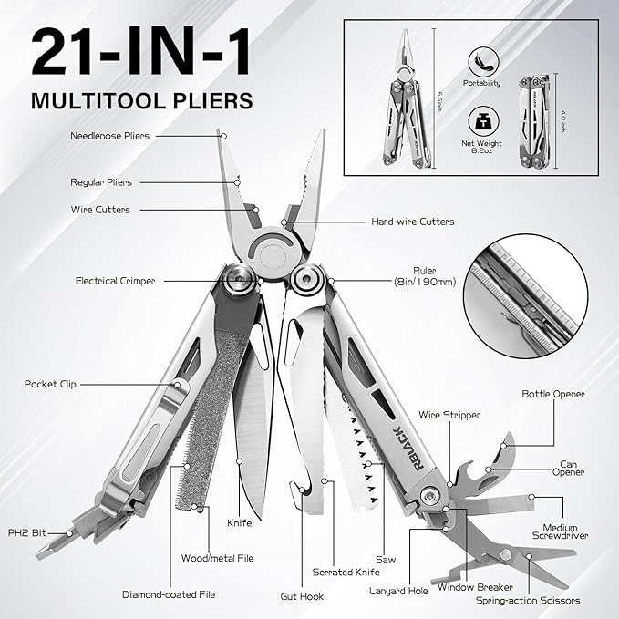 RBLACK Longeron21 EDC Multitool, 21-in-1 Heavy-duty Stainless Steel Finish Multi Tool Pliers with Safety Locking | Seat Belt Cutter - Men's Gift Set for DIY, Home, Garden & Outdoors