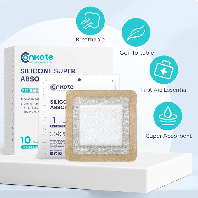 Silicone Super Absorbent Dressing for Heavy Exudate Wound 10 Pack, FSA or HSA 5" X 5" Gentle Boder Adhesive Bandages for Wound Care, Soft Wound Care Pads for Ulcer, Surgical, l - ll Degree Burns