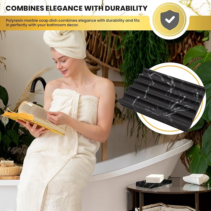 DAYONE Holder with Marble Look - Soap Dish with Soap Saver Ridges Rectangle Bar Soap Holder with Non Slip Feet - Soap Tray for Bathroom, Sink, Kitchen, and SPA (Black)