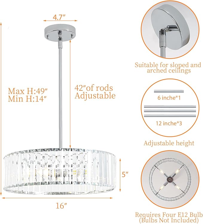 4-Light Chrome Crystal Chandelier,Modern Dinning Room Light Fixture,Round Pendant Light Kitchen Island,Semi Flush Mount Ceiling Light for Hallway Living Room Entryway Bedroom,16 Inch