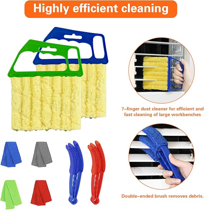 4pcs Window Venetian Blind Cleaner Duster Tool,Blind Duster for Cleaning,Microfiber 7Finger Duster Brush Dusting Cleaner Tool ，for Window Shutters Air Conditioner,with 4 Cloth Cover(Blue/Green)